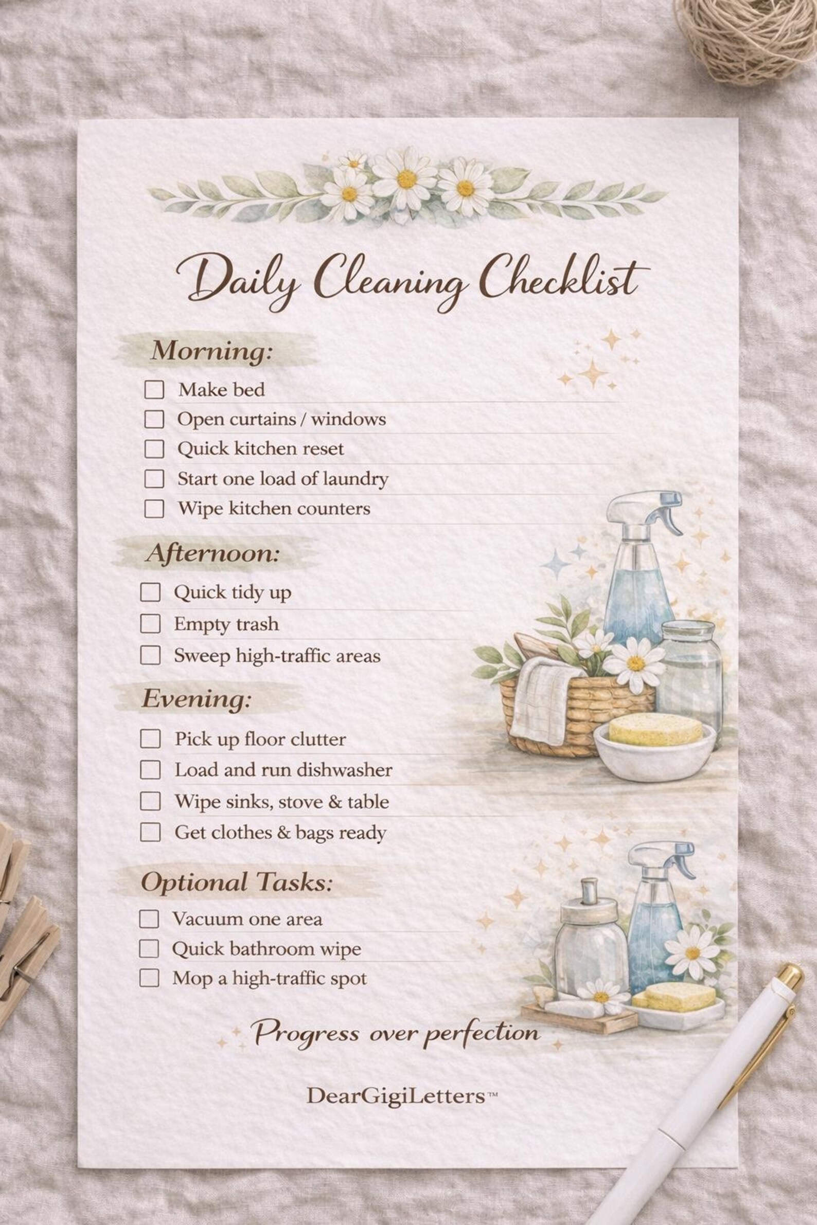 Daily Cleaning Checklist Printable, Floral Cleaning Routine, Morning ...