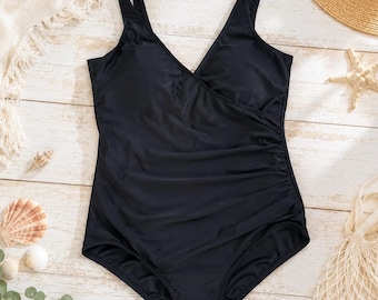 Vintage LL Bean Black One Piece Swimsuit Ruched V-Neck Size 16 Classic USA Made