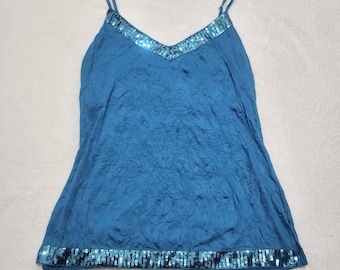 Y2K Blue Sequin Cami Tank Top Mermaid Disco Crinkle Turquoise Women's size Large