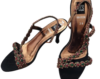 Y2K Damen Perlen Ferse Sandalen Schwarz Jeweled Slingback 38 US Größe 7.5 ECS Party