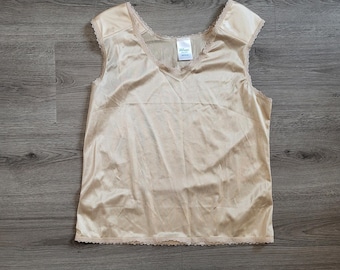 VINTAGE Velrose 7101 Womens Nylon Camisole Lace Trim Tank Top Beige Medium