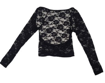 Black Sheer Floral Lace Open Back Long Sleeve Top Stretch Women Medium Goth Y2K