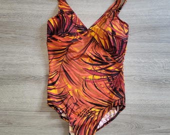 Traje de baño de una pieza Miraclesuit para mujer, estilo vintage Y2K, con estampado tropical de palmeras, color naranja y rojo, talla 12.