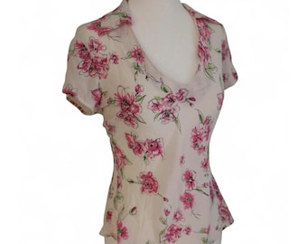 Vintage Allison Taylor Women's 90s Floral Silk Shirt Short Sleeve V Neck Size S