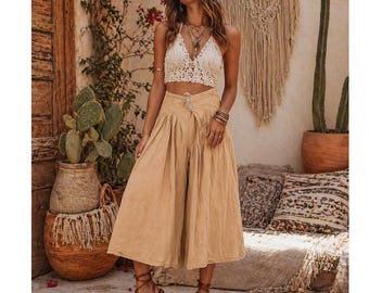 Pantalones palazzo cropped de talle alto estilo gaucho, color beige, extra anchos, de corte bohemio vintage, talla pequeña.