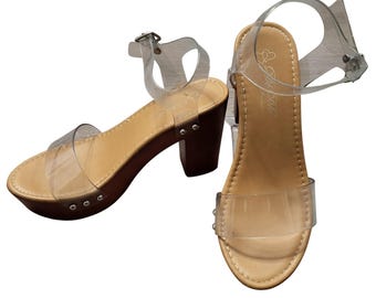 Sandalias de plataforma de madera con tira transparente y tacón de bloque, estilo boho retro Y2K, talla 6.5
