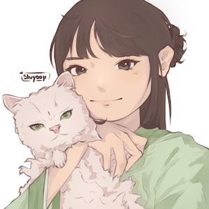 Puede incluir: Ilustración de una persona sosteniendo un gato blanco y esponjoso con ojos verdes. La persona tiene cabello castaño y viste una blusa verde. La obra de arte tiene una paleta de colores suaves y pastel y una expresión suave.
