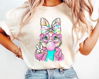 Colorful Bunny with Bubble Gum T-Shirt | Pastel Heart Glasses, Peace Sign