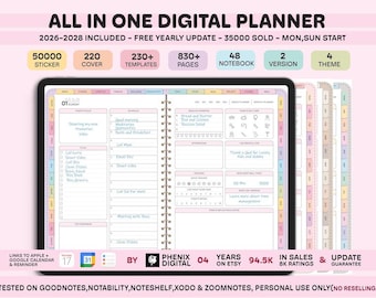 All-in-One Digital Planner 2026-2028 | Hyperlinked GoodNotes, Notability iPad (Digital Download)