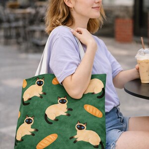 Siamese Cat Tote Bag with Baguette Pattern, Whimsical Green Cotton Bag, Cat Lover Grocery Tote, Indie Art Shoulder Bag
