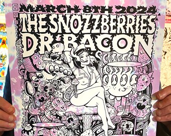 SET The Snozzberries X Dr. Bacon x Levy Signed Gig Poster Archival Prints Jlad w Bonus Print, Sticker, Postcards Asheville Music Hall 12x18