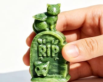 Halloween Green jade Tombstone Carving, Crystal Angel Cat Tombstone, Cat Memorial figurine，Home Decor, Crystal RIP Pet Sympathy Gift