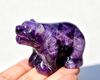 Natural Dream amethyst Bear Statue，Hand Carved Crystal Bear Figurine，Healing Stone Animal Sculpture，Home Office Ornament Gift 1pc