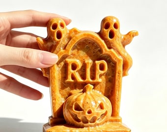 Halloween Yellow Mudstone Tombstone Crystal Carving, Ghost Pumpkin Stone Decor, Halloween Desk Ornament, Home Decor, Crystal Figurine