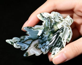 Moss agate carved  Maple Leaf，Natural agate Leaf Sculpture，Crystal Leaf Ornament，Healing crystal Sculpture，Home Ornament Gift