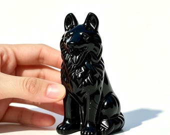 Obsidian German Shepherd Dog Statue，Hand Carved Wolf Dog Figurine，Healing Stone Animal Sculpture，Home  Ornament Gift