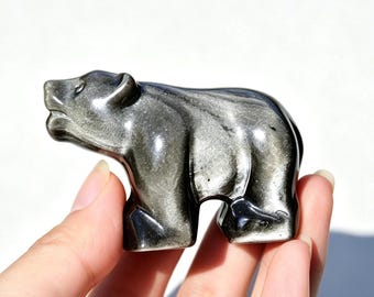 Natural Silver obsidian Bear Statue，Hand Carved Crystal Bear Figurine，Healing Stone Animal Sculpture，Home Office Ornament Gift 1pc