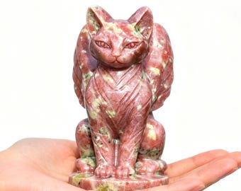 Sesame stone Cat carving，Hand carved Crystal Angel cat statue，Gemstone cat Figurine，Home decor，Desk Decor Spirtual Gift for Cat Lovers