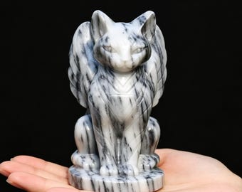 Taichi stone Cat carving，Hand carved Crystal Angel cat statue，Gemstone cat Figurine，Home decor，Desk Decor Spirtual Gift for Cat Lovers