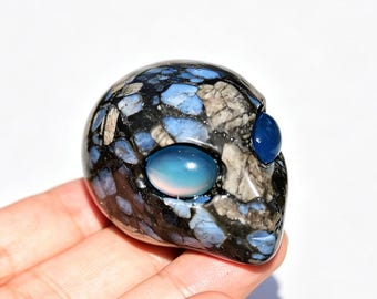 Rhyolite Alien Statue， Natural Crystal Alien Hear Figurine，Blue Cats Eye Alien，Healing Stone Deocr，Home Ornament Gift