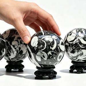 Può includere: Quattro pietre sferiche levigate con un motivo fossilizzato in bianco e nero ad alto contrasto. Ogni sfera è montata su un piccolo supporto in legno nero intagliato e ornato. Le pietre mostrano complesse forme organiche.