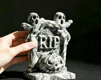 Halloween Taichi stone Tombstone Crystal Carving, Ghost Pumpkin Stone Decor, Halloween Desk Ornament, Home Decor, Crystal Figurine
