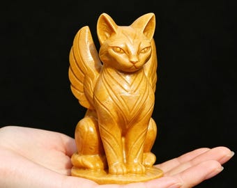 Yellow Mudstone Cat carving，Hand carved Crystal Angel cat statue，Gemstone cat Figurine，Home decor，Desk Decor Spirtual Gift for Cat Lovers