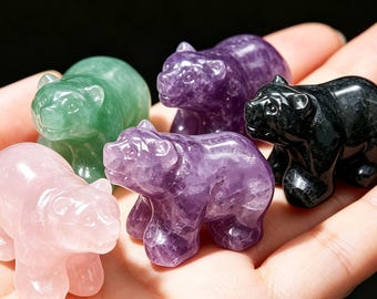 Natural Quartz crystal Bear Statue，Hand Carved Crystal Bear Figurine，Healing Stone Animal Sculpture，Home Office Ornament Gift 1pc