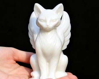 White jade Cat carving，Hand carved Crystal Angel cat statue，Gemstone cat Figurine，Home decor，Desk Decor Spirtual Gift for Cat Lovers
