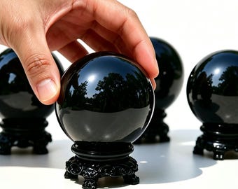 Esfera de obsidiana de 50 mm ou mais com suporte, bola de cristal polida para cura, decoração de altar doméstico, presente para casa e escritório, cristal para limpeza energética