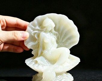 White jade Mermaid On Seashell carved，Nayural Crystal Mermaid statue，Gemstone Mermaid Figurine，Healing Stone Animal Sculpture，Home decor