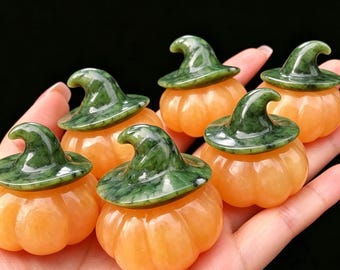 Natural Geode stone Pumpkin With Green jade Witch Hat Carved , Small Crystal Pumpkin Statue, Halloween Decor, Halloween gift,Home Ornament