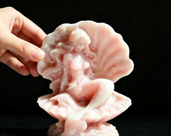 Pink Opal Mermaid On Seashell carved，Nayural Crystal Mermaid statue，Gemstone Mermaid Figurine，Healing Stone Animal Sculpture，Home decor