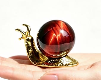 30mm+ Metal Snail Crystal Sphere Holder, Red Tiger Eye Crystal Ball on Gold Snail Stand, Crystal Display Stand, Home Decor, Crystal Gift