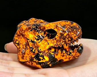 Yooperlite Dinosaur Skull Carved,Natural Crystal Tyrannosaurus Rex Skull, UV Reactive Crystal Skull, Flame Stone Dino Specimen, Crystal Gift
