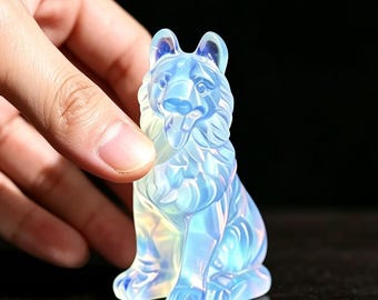 Opalite German Shepherd Dog Statue，Hand Carved Wolf Dog Figurine，Healing Stone Animal Sculpture，Home  Ornament Gift