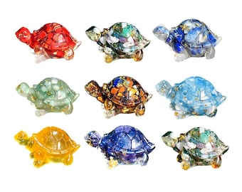 Figurine de tortue en résine, incrustée d'éclats de cristal naturel, statue de tortue artisanale, décoration de bureau en cristal, cadeau en pierre de guérison