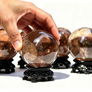 Puede incluir: Una colección de esferas de cristal de cuarzo ahumado marrón translúcido, cada una sobre una base decorativa de resina negra tallada. Las esferas presentan inclusiones naturales y variaciones de color, reflejando la luz en sus superficies lisas y pulidas.