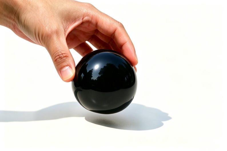 May include: A glossy, black sphere, reflecting light, is held by a hand against a white background. The smooth, dark surface of the ball contrasts with the bright backdrop, creating a striking visual.