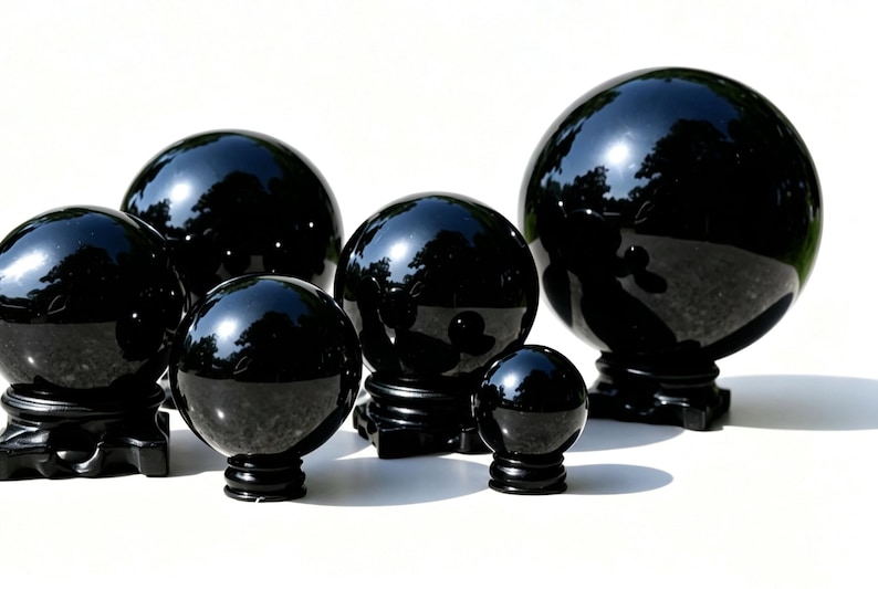 May include: A collection of six polished black obsidian spheres of varying sizes, each resting on a black stand. The spheres reflect the surrounding environment, creating a glossy appearance. The spheres are arranged on a white surface.