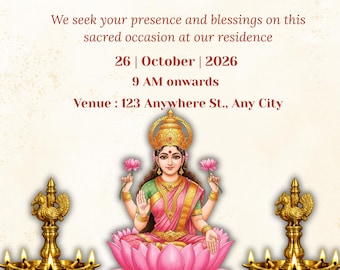 Convite Varalakshmi Vratham, design Kalasam de lâmpada de latão, convite Varamahalakshmi Pooja editável, modelo Lakshmi Puja Canva do sul da Índia