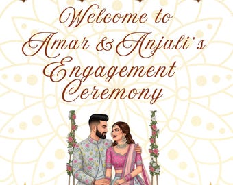 Indian Engagement Welcome Sign Poster | Couple Illustration, Floral Swing (Digital Download)