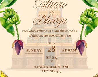 South Indian Wedding Invitation Template | Traditional Hindu Temple Banana Leaf Invite (Digital Download)