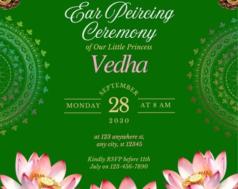 Convite editável para Karnavedha, convite para cerimônia de perfuração de orelha com lótus verde, modelo tradicional de Kaathu Kuthu do sul da Índia, imprimível.