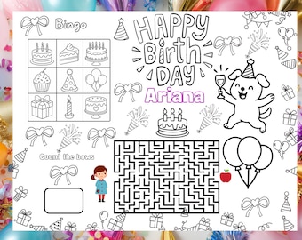 Editable Birthday Activity Placemat for Kids | Birthday Party Coloring Sheet | Custom Name Birthday Placemat | Printable Birthday Bingo