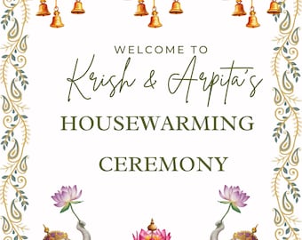 Indian Housewarming Poster, traditional Grihapravesh elephants Lotus motifs Template (Canva Editable, Digital Download)