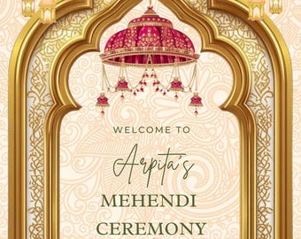 Placa de boas-vindas para Mehendi | Decoração de lanterna floral para casamento indiano (Download digital, modelo editável em Canva)