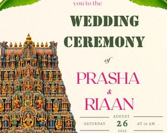Convite de casamento para Gopuram em templo do sul da Índia, convite editável para casamento hindu, cartão de casamento tradicional tâmil, download instantâneo