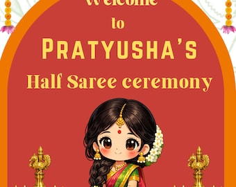 Half Saree Ceremony Welcome Sign Maroon Gold, Brass Lamp Langa Voni Poster, Editable Ritu Kala Samskara Decor, Instant Download