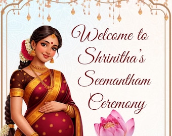 Quadro de boas-vindas de Seemantham, pôster do chá de bebê Jasmine Lotus, decoração editável de Valaikappu Godh Bharai, download digital para impressão